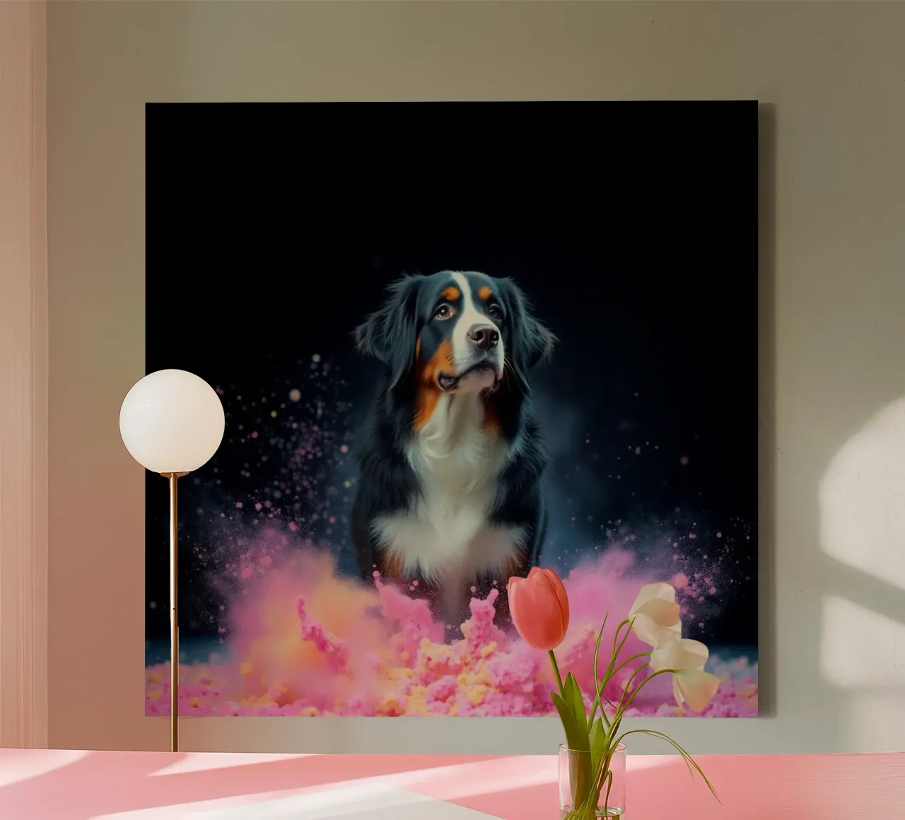 The colorful Bernese Mountain Dog #146 canvas with Floater frame by Yumis.Beargang.and.Me