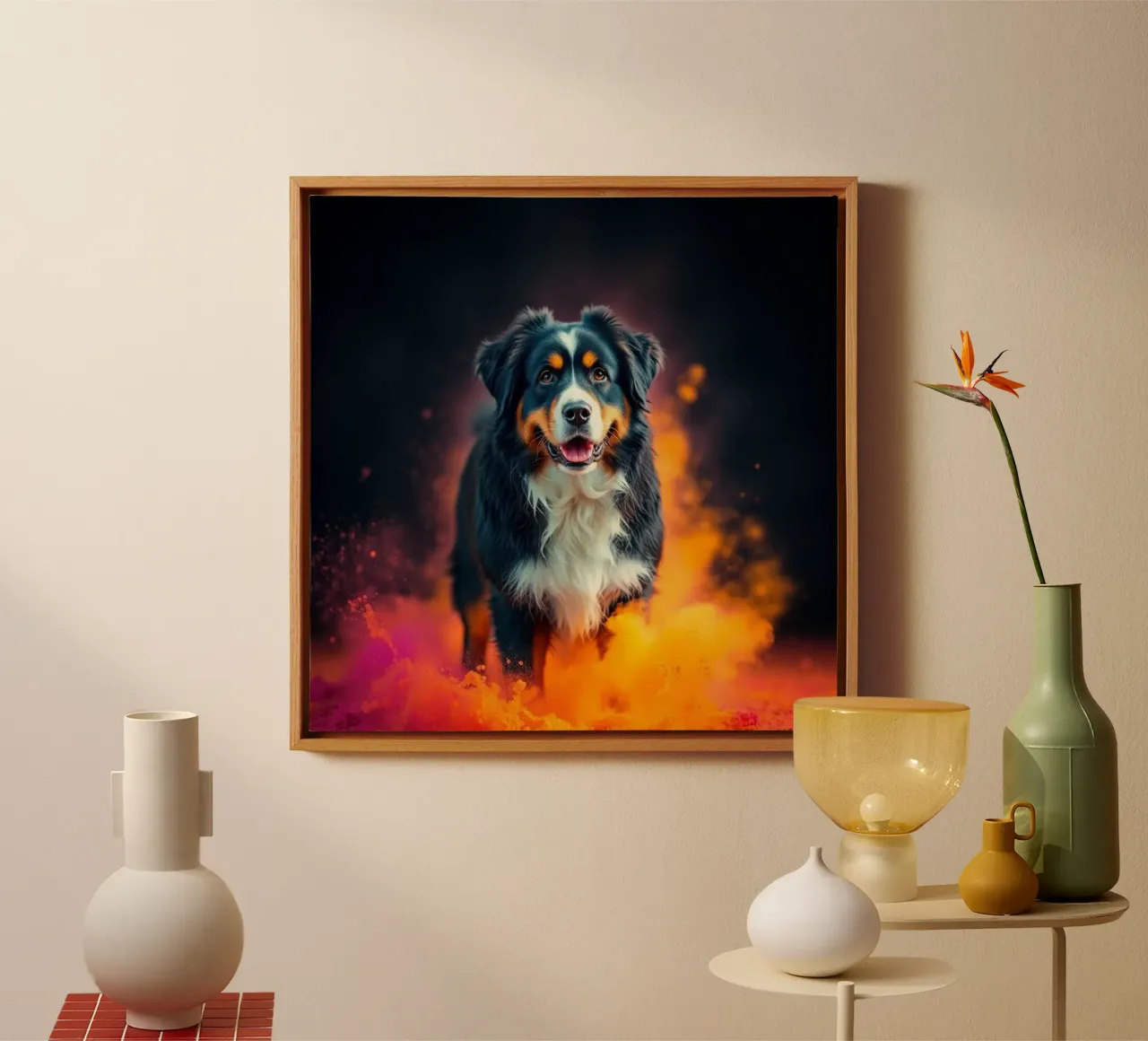 The colorful Bernese Mountain Dog #147 canvas with Floater frame by Yumis.Beargang.and.Me