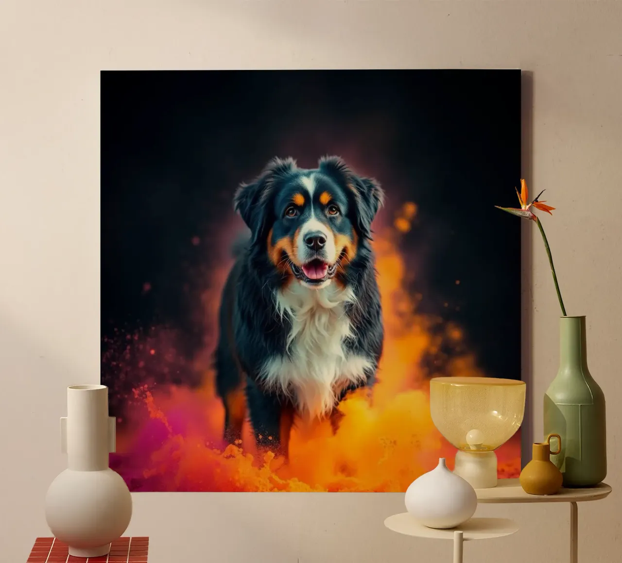 The colorful Bernese Mountain Dog #147 canvas with Floater frame by Yumis.Beargang.and.Me