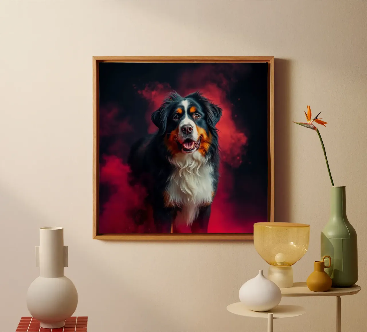 The colorful Bernese Mountain Dog #148 canvas with Floater frame by Yumis.Beargang.and.Me