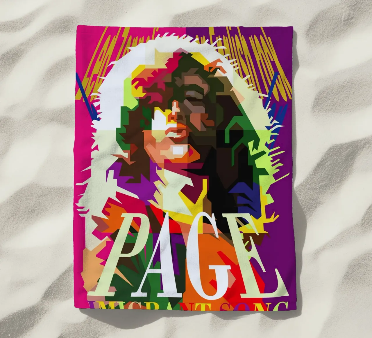 Jimmy Page chitarrista dei Led Zeppelin WPAP Trending Now telo mare da Artkreator