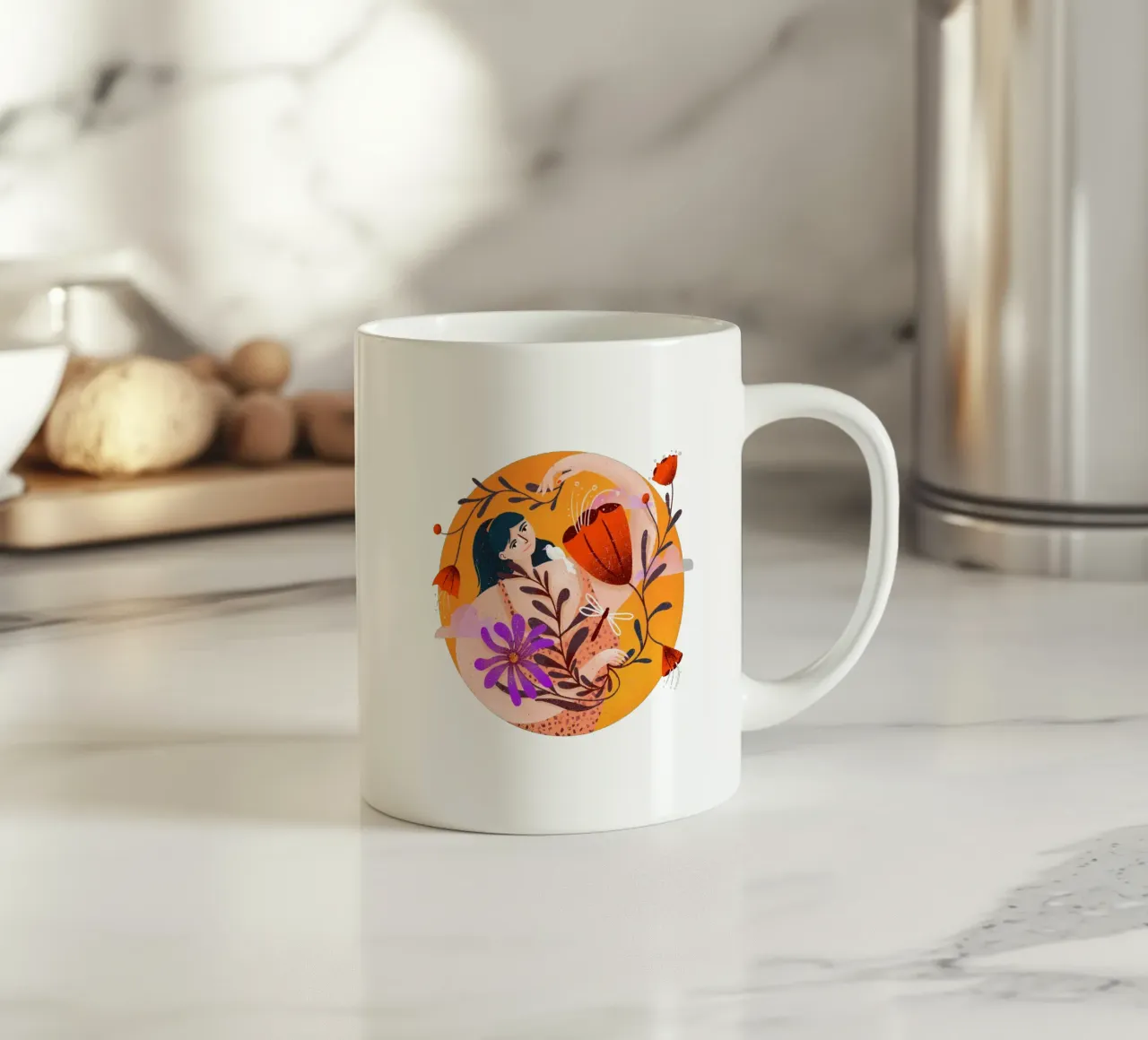 Femme joyeuse avec des fleurs devant le soleil mug en céramique de Bold & Beautiful