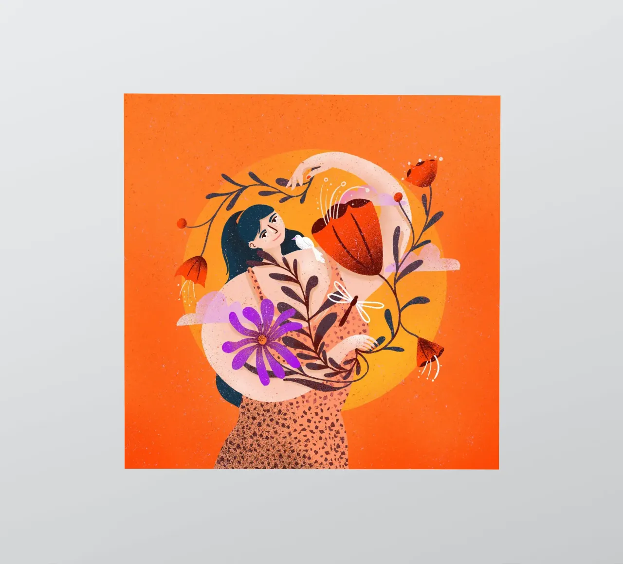 Femme joyeuse avec des fleurs devant le soleil autocollant de Bold & Beautiful