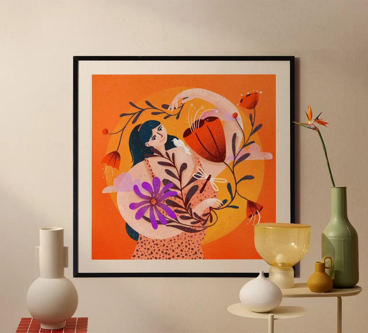 Femme joyeuse avec des fleurs devant le soleil hahnemühle de Bold & Beautiful