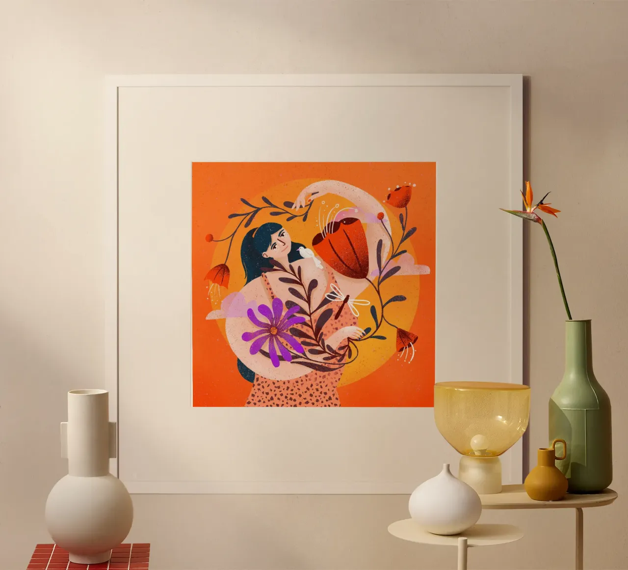Femme joyeuse avec des fleurs devant le soleil hahnemühle de Bold & Beautiful