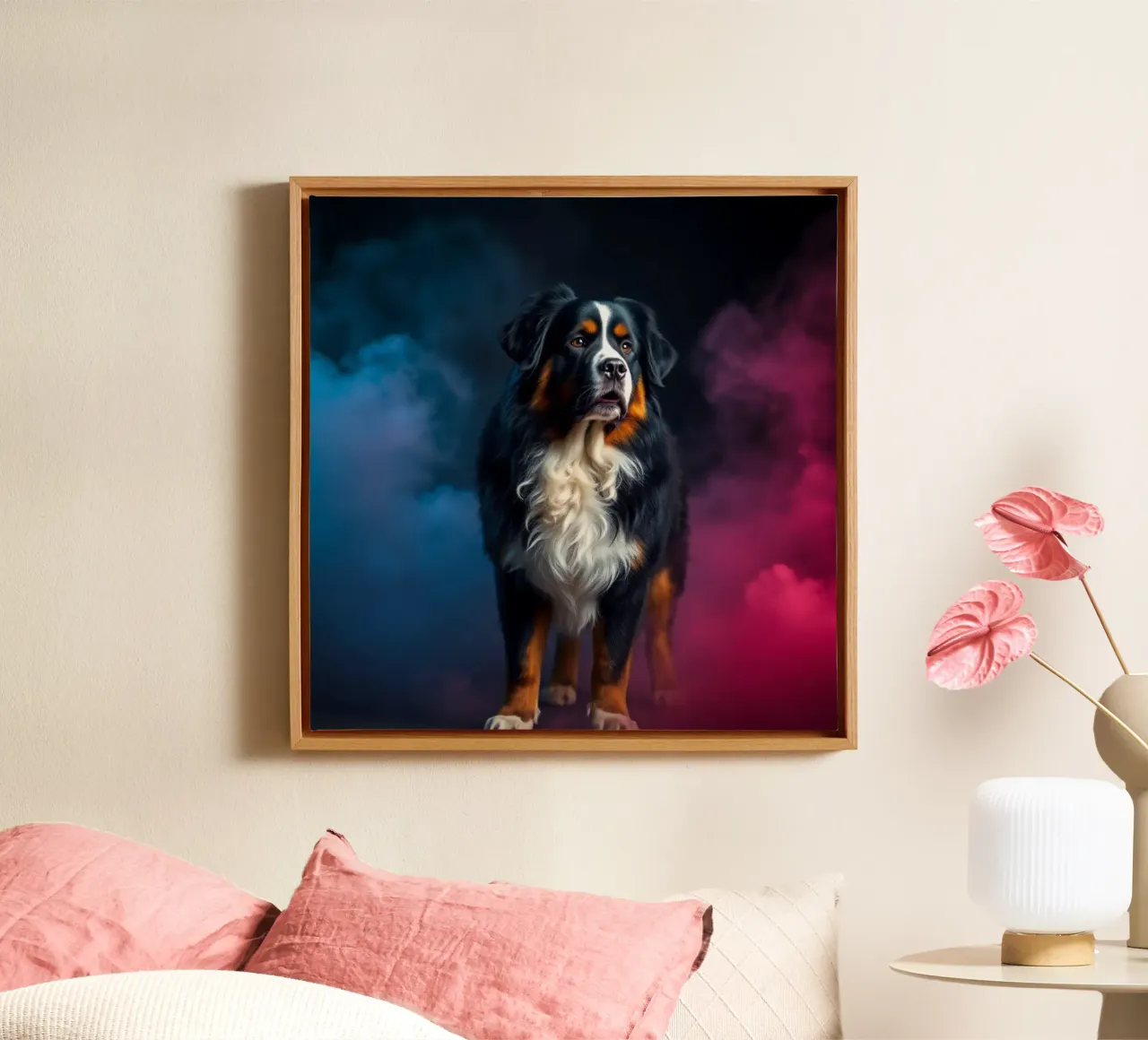 The colorful Bernese Mountain Dog #152 canvas with Floater frame by Yumis.Beargang.and.Me