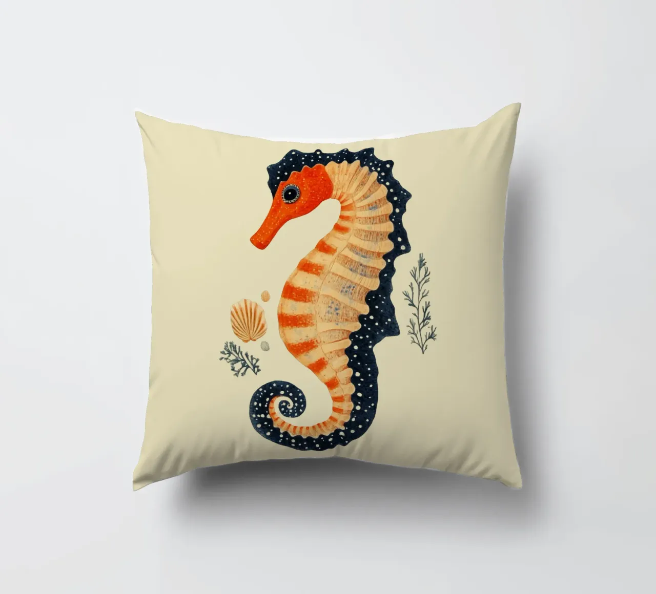 Cavalluccio marino blu-arancio cuscino da Curious Canvas