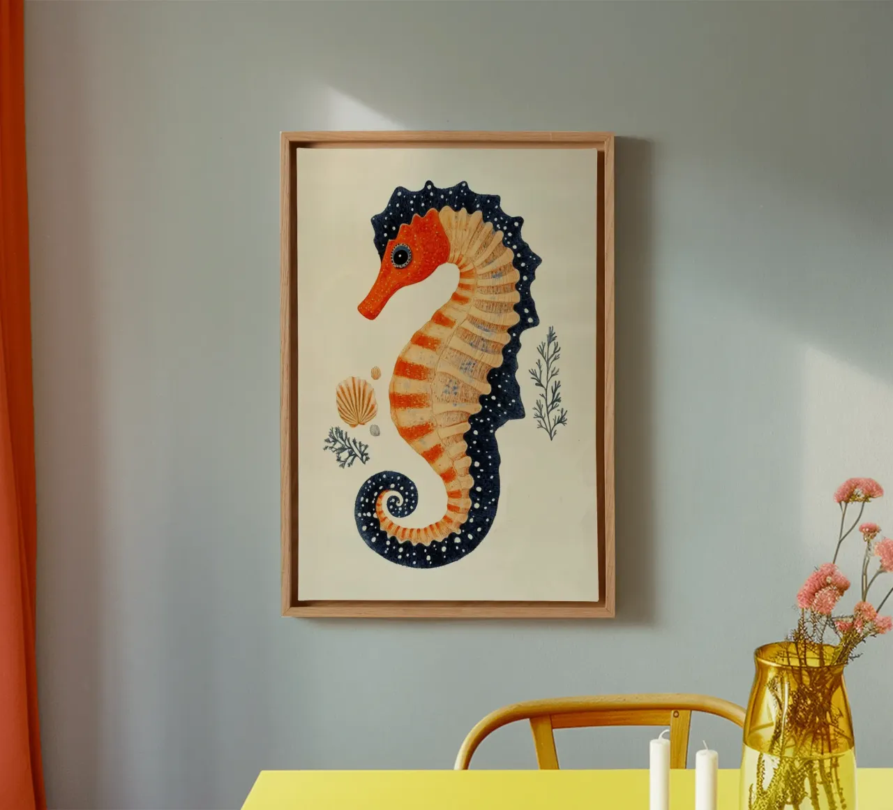 Cavalluccio marino blu-arancio tela con Cornice a cassetta da Curious Canvas
