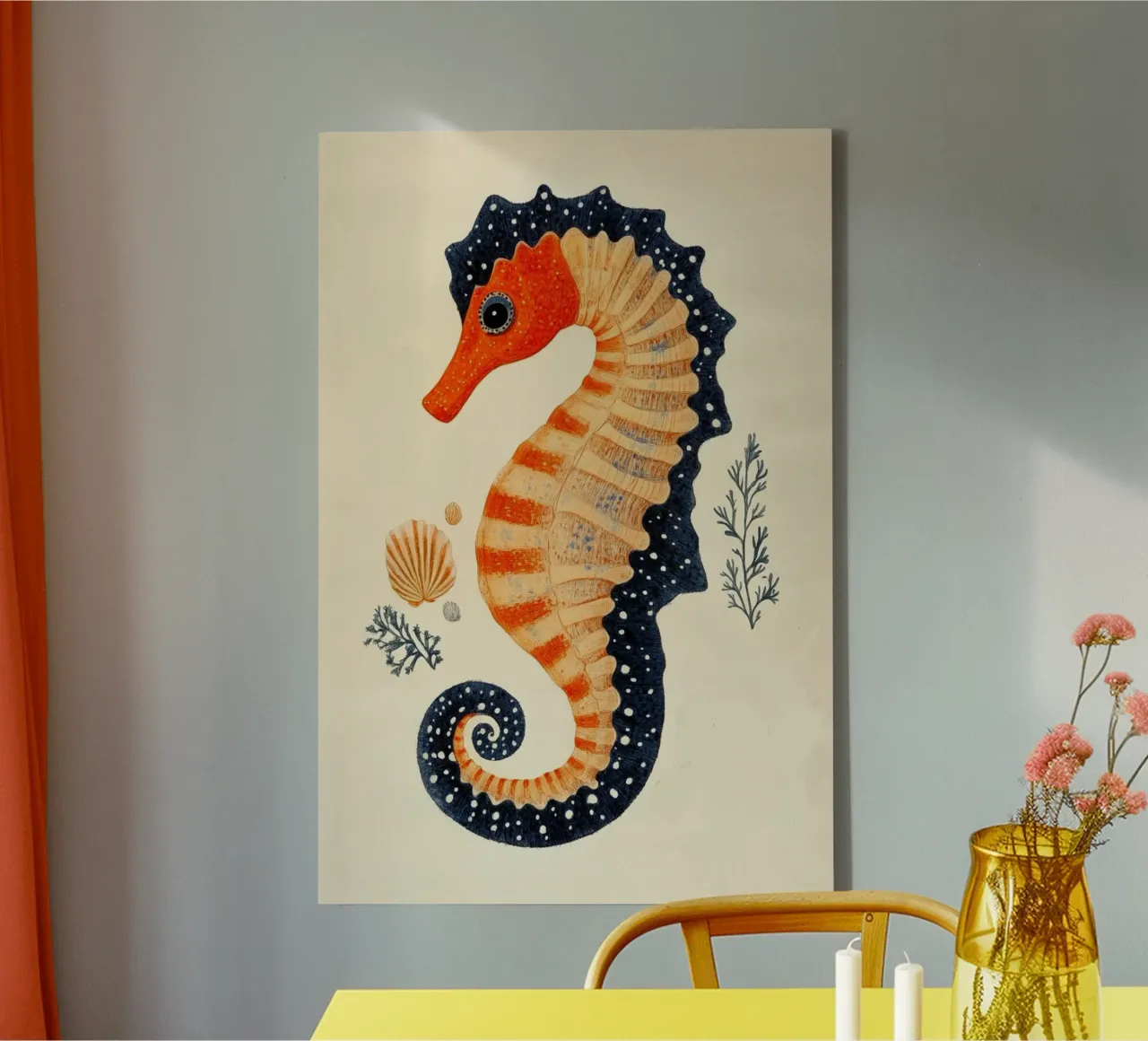 Cavalluccio marino blu-arancio tela con Cornice a cassetta da Curious Canvas