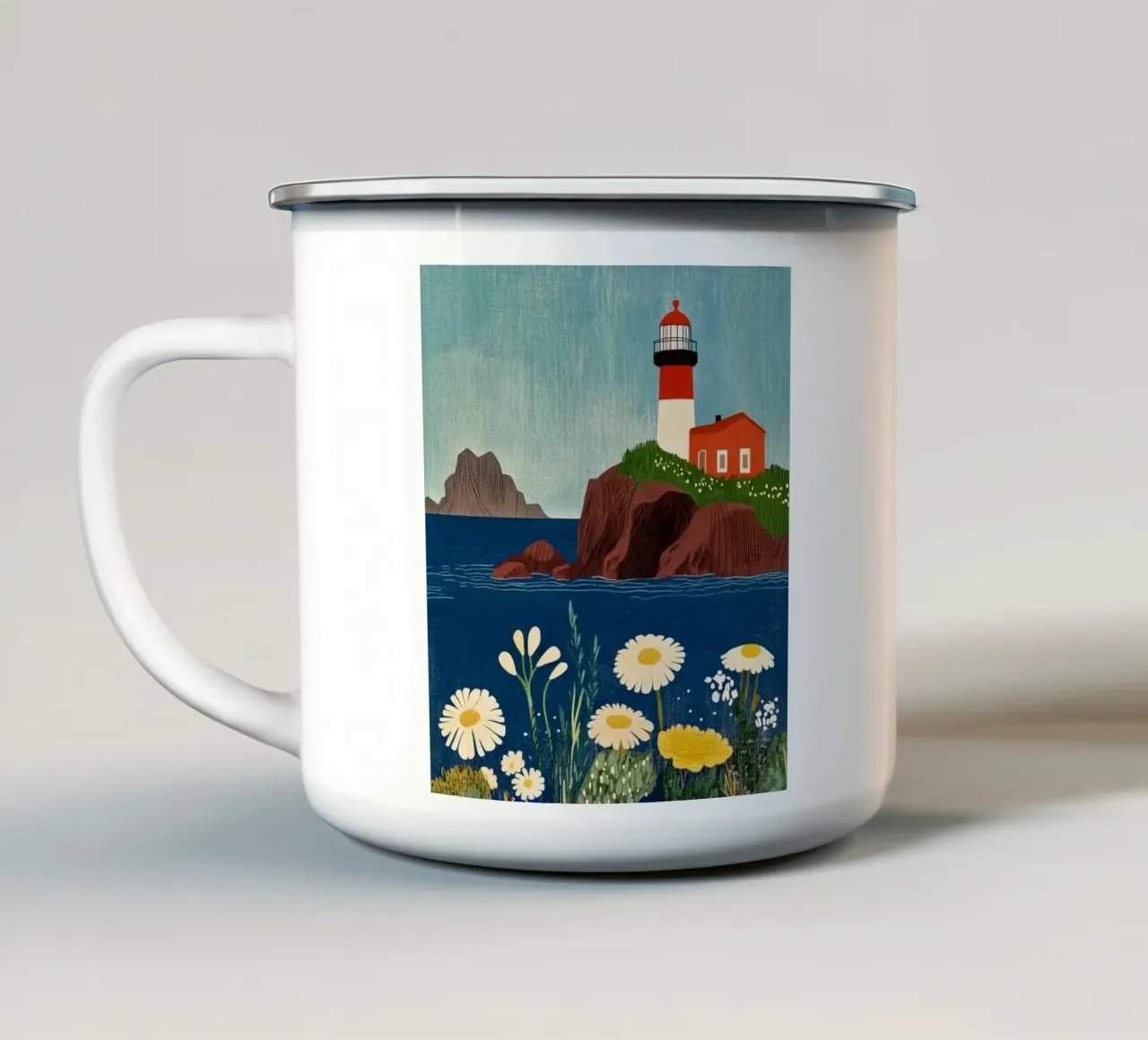 Faro e fiori tazza in smalto da Curious Canvas
