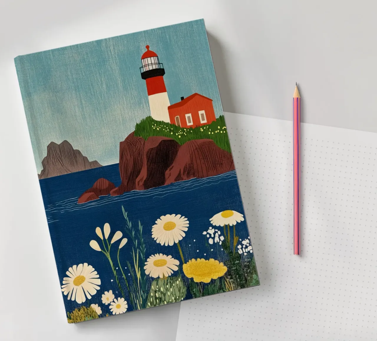 Lighthouse and flowers notebook by Curious Canvas