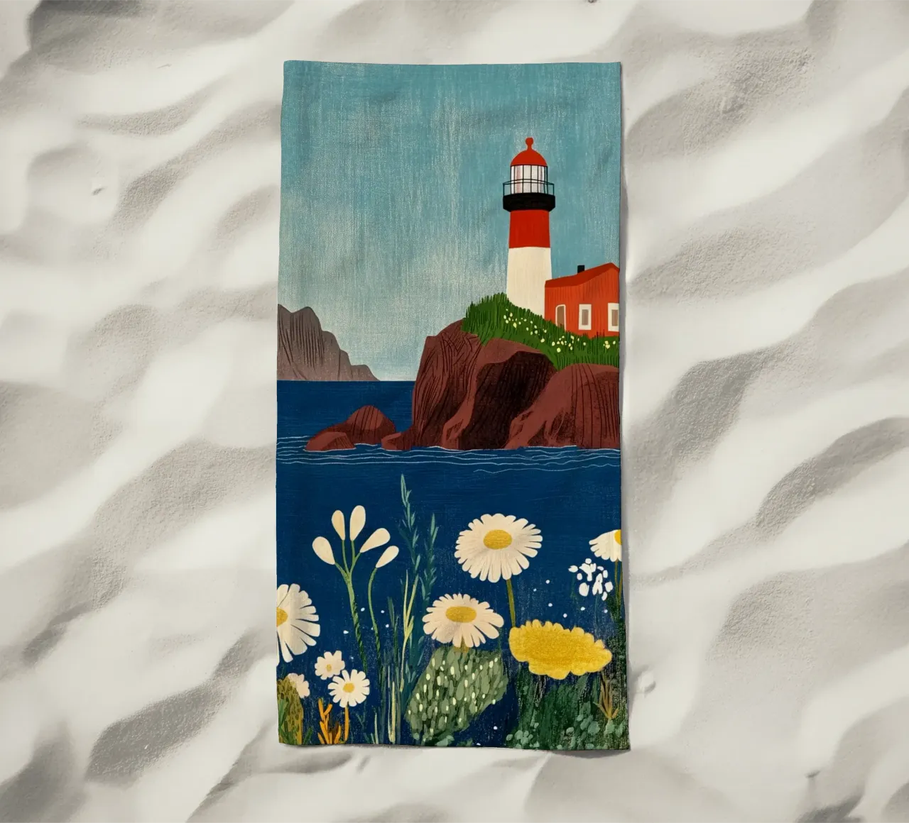 Faro e fiori telo mare da Curious Canvas