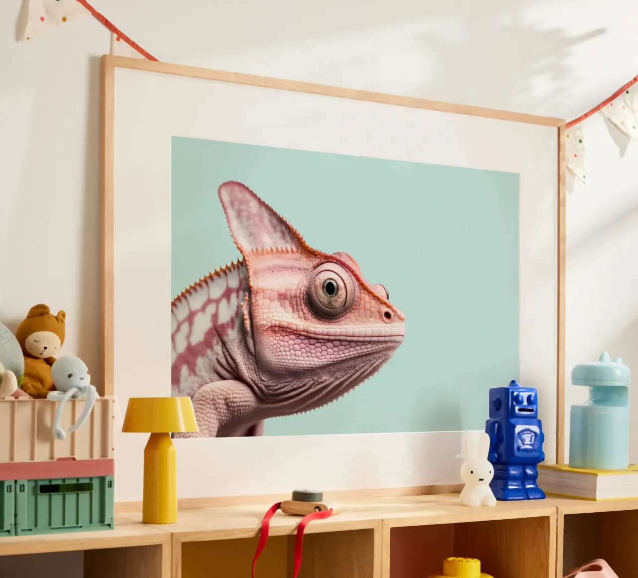Camaleonte rosa su azzurro poster con telaio in plastica da Lisa Artifexia