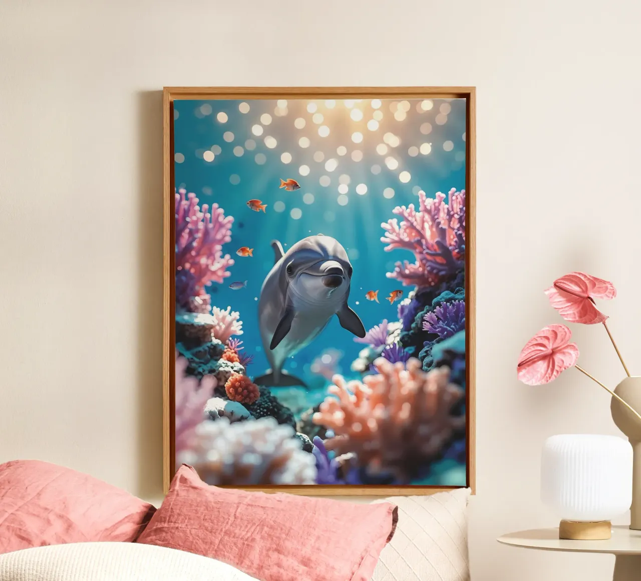 🪸🐬 Tuimelaar Dolfijn | Vreugde onder de Golven (1) canvas met Baklijst van Trinkets NL Design Studio