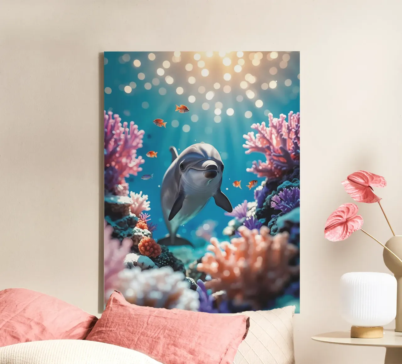 🪸🐬 Tuimelaar Dolfijn | Vreugde onder de Golven (1) canvas met Baklijst van Trinkets NL Design Studio