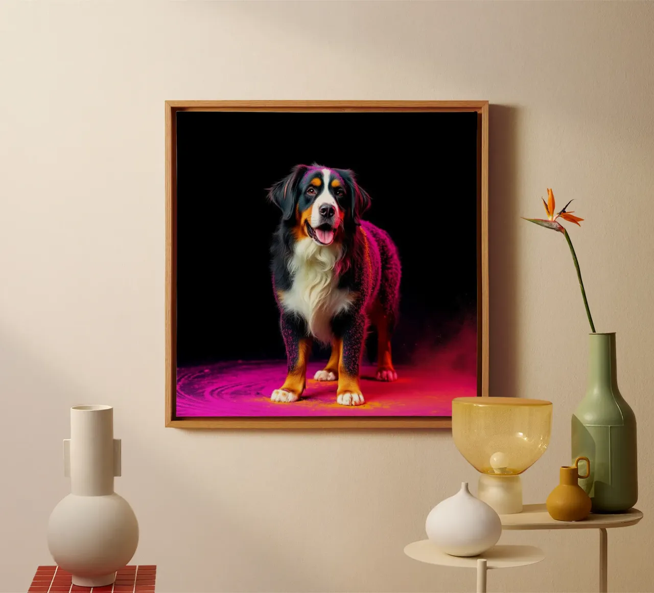 The colorful Bernese Mountain Dog #157 canvas with Floater frame by Yumis.Beargang.and.Me