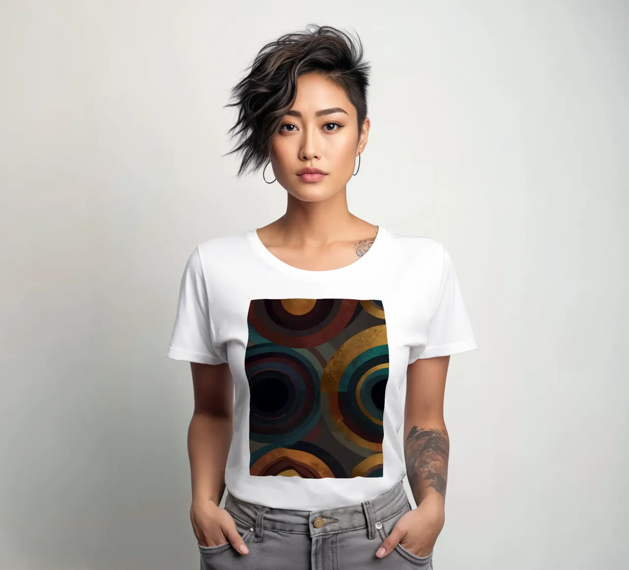 geometric circles in vibrant patterns create a striking visu women's fitted t-shirt by DesignDoodle