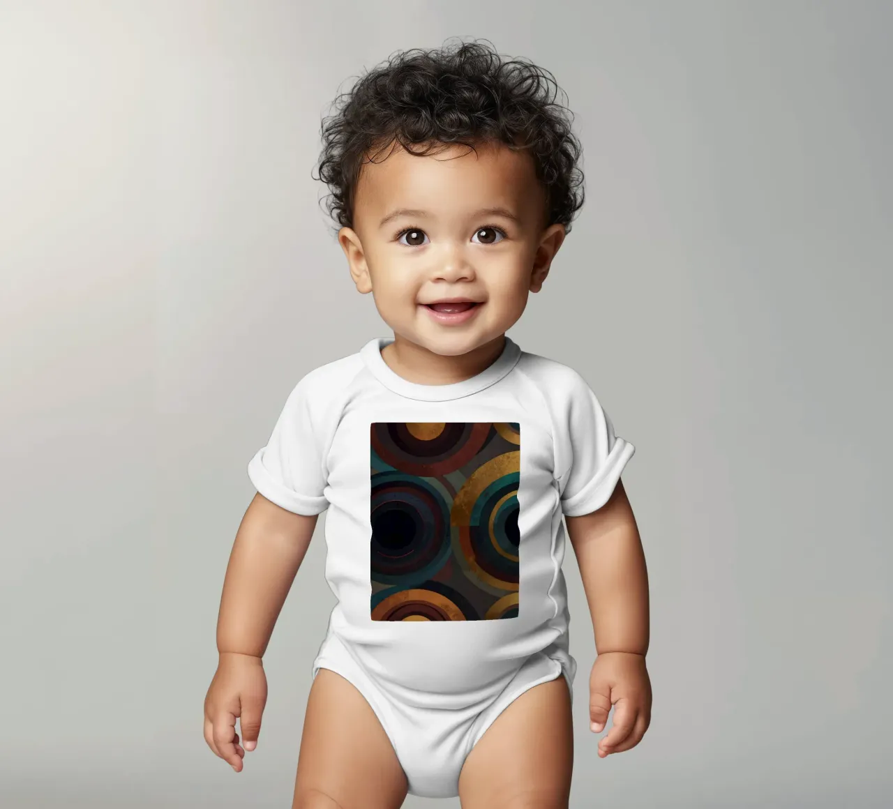 geometric circles in vibrant patterns create a striking visu short-sleeve baby romper by DesignDoodle