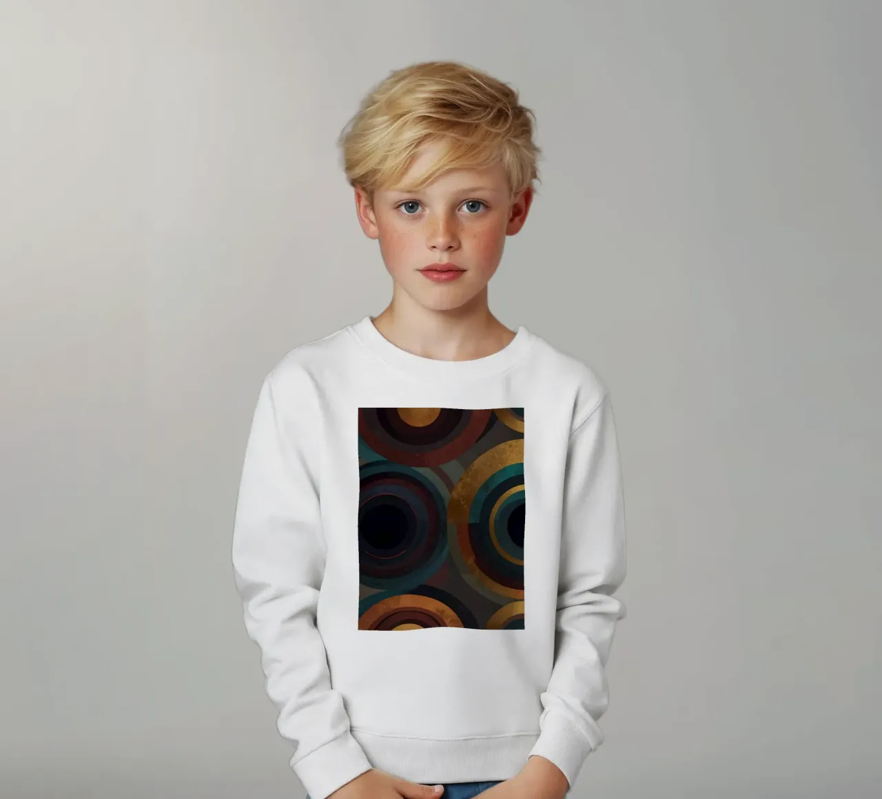 geometric circles in vibrant patterns create a striking visu kids sweatshirt by DesignDoodle