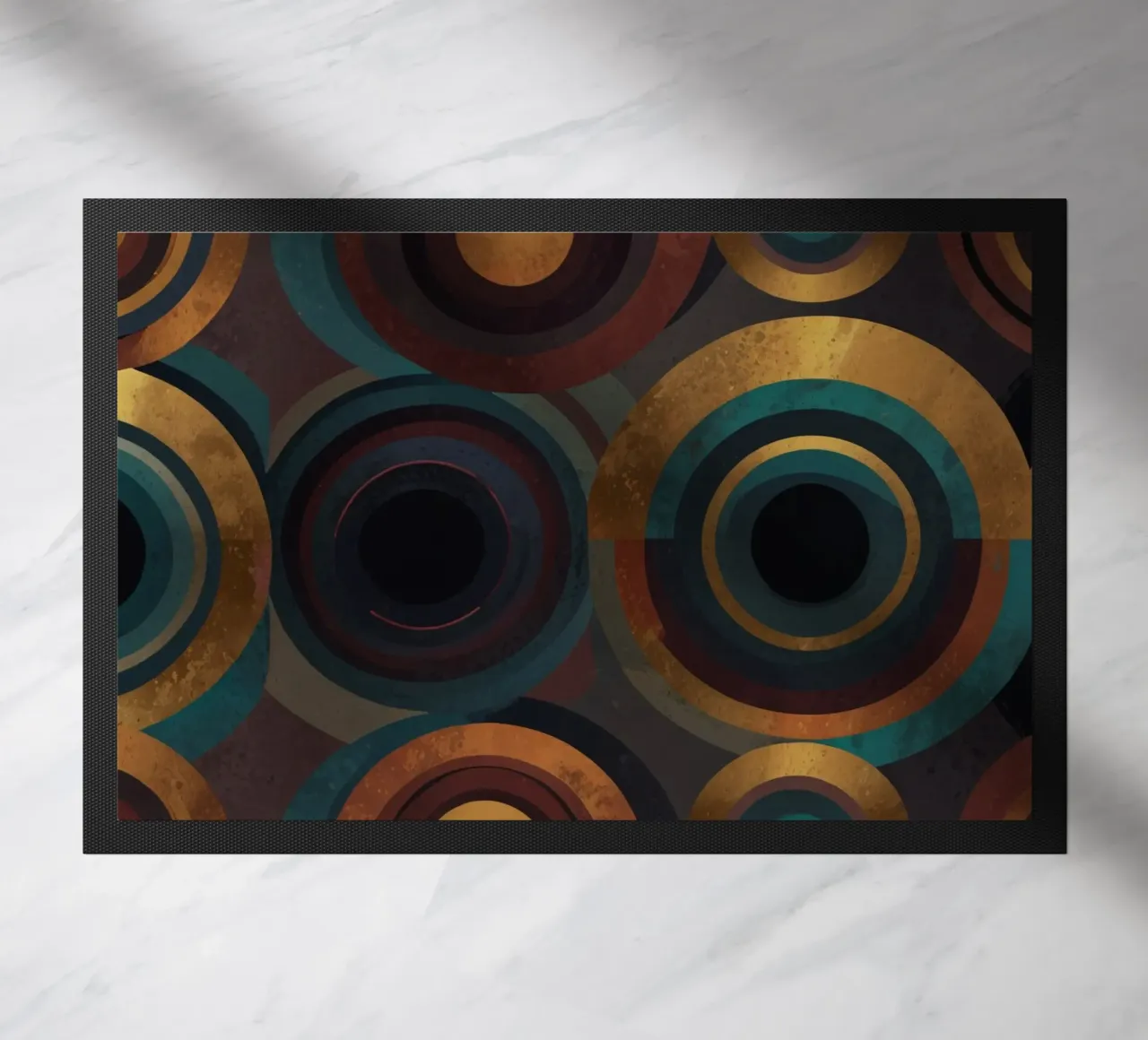 geometric circles in vibrant patterns create a striking visu doormat by DesignDoodle