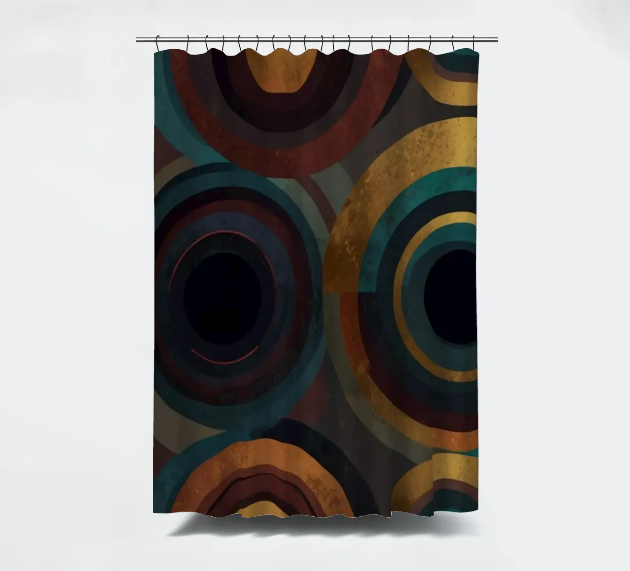 geometric circles in vibrant patterns create a striking visu shower curtain by DesignDoodle
