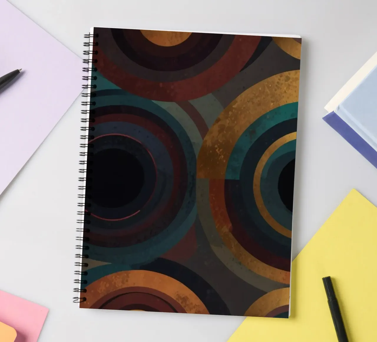 geometric circles in vibrant patterns create a striking visu spiral notebook by DesignDoodle