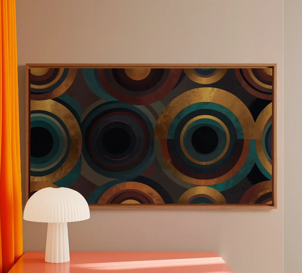 geometrische Kreise in lebendigen Mustern sorgen für ein markantes Visu Leinwand von DesignDoodle