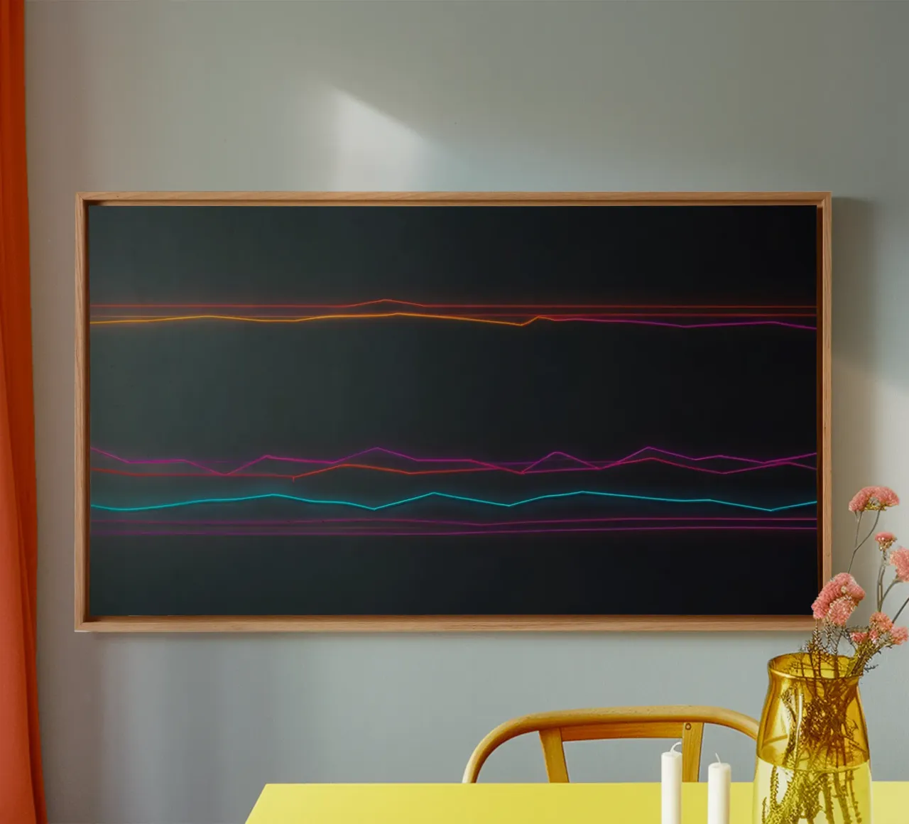 Colorful data visualization with lines representing fluctuat canvas by DesignDoodle