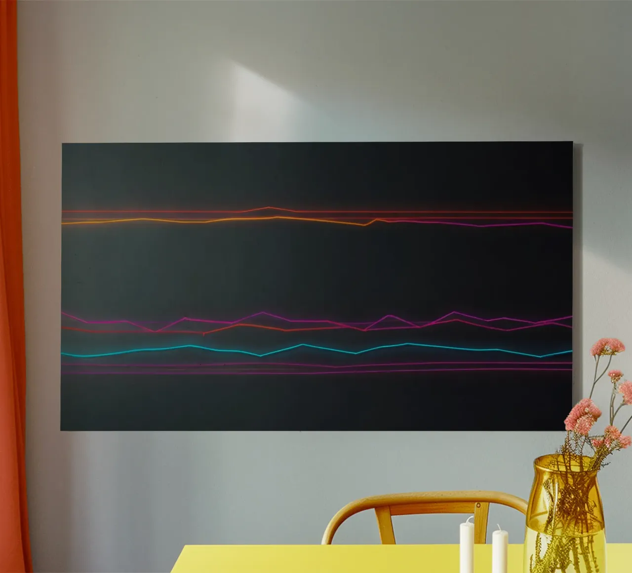 Colorful data visualization with lines representing fluctuat canvas by DesignDoodle