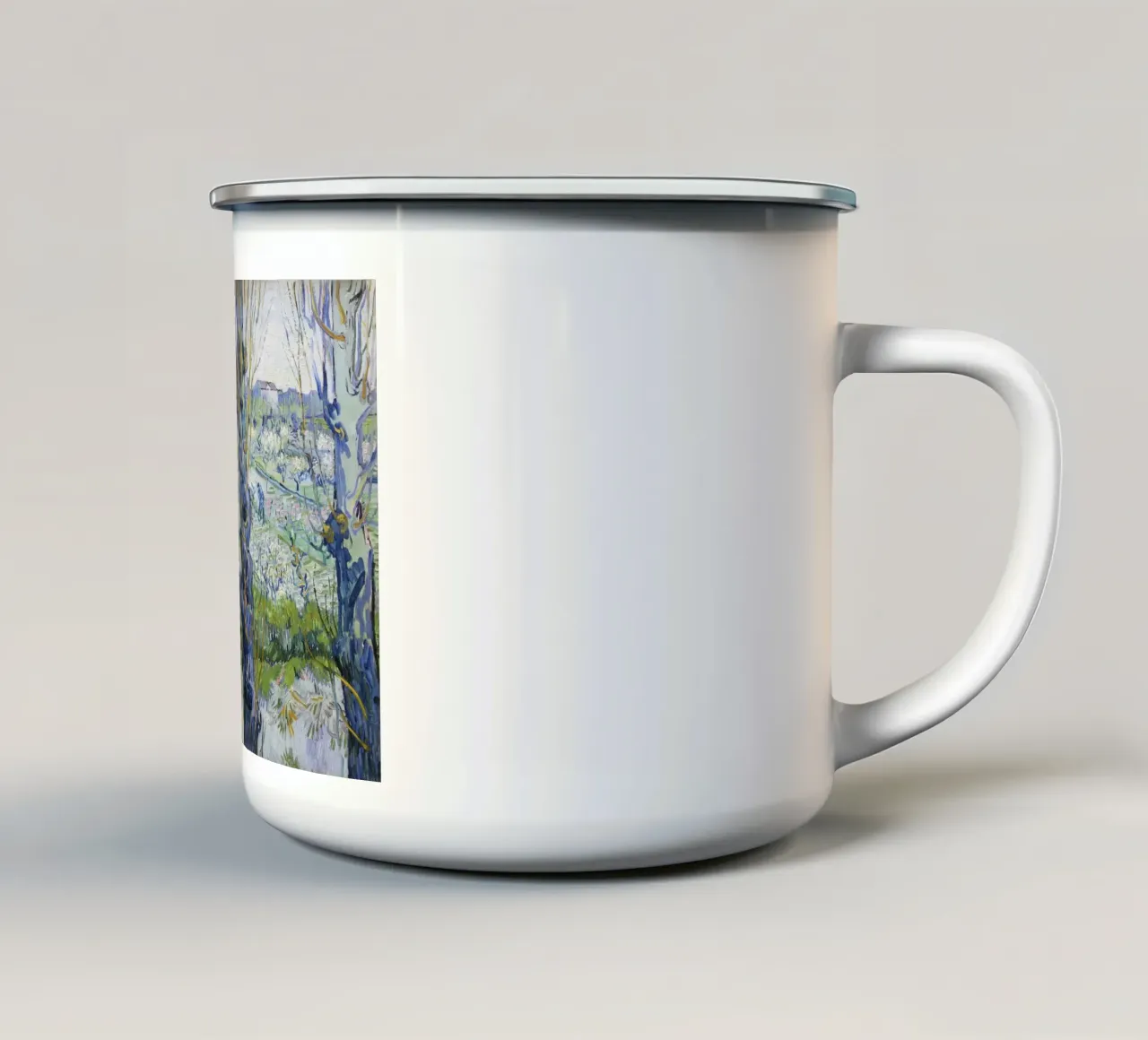 Veduta di Afrles, frutteti in fiore, di Vincent van Gogh (1889) tazza in smalto da Van Gogh Prints
