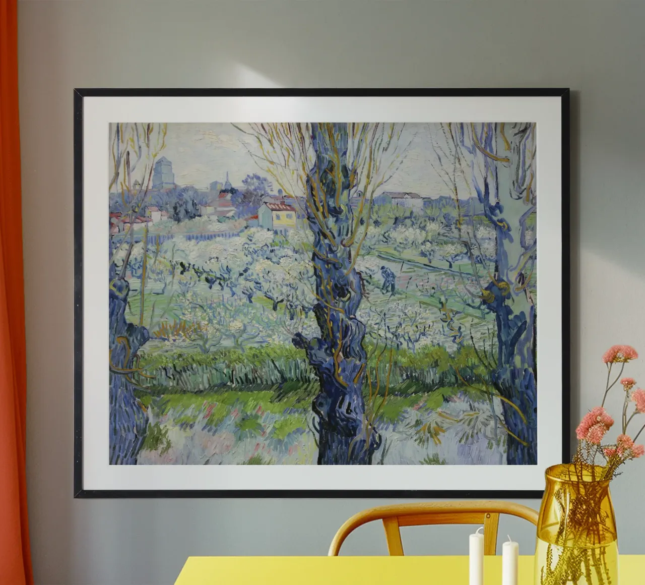 Veduta di Afrles, frutteti in fiore, di Vincent van Gogh (1889) poster con telaio in alluminio da Van Gogh Prints