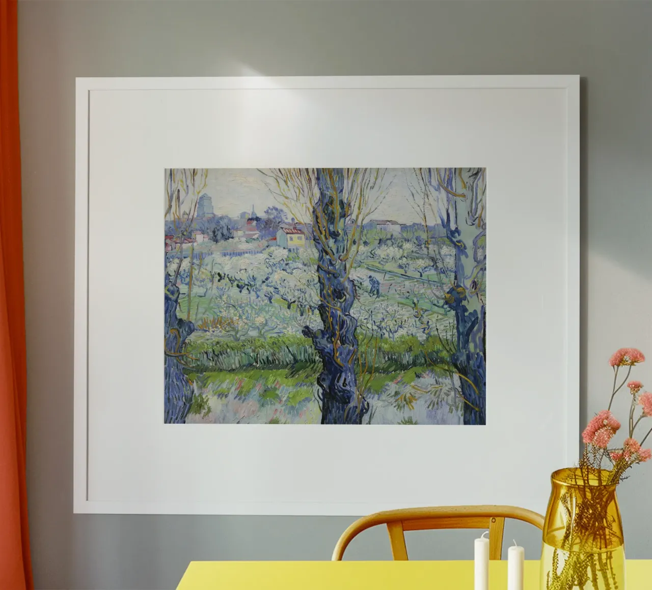 Veduta di Afrles, frutteti in fiore, di Vincent van Gogh (1889) poster con telaio in alluminio da Van Gogh Prints