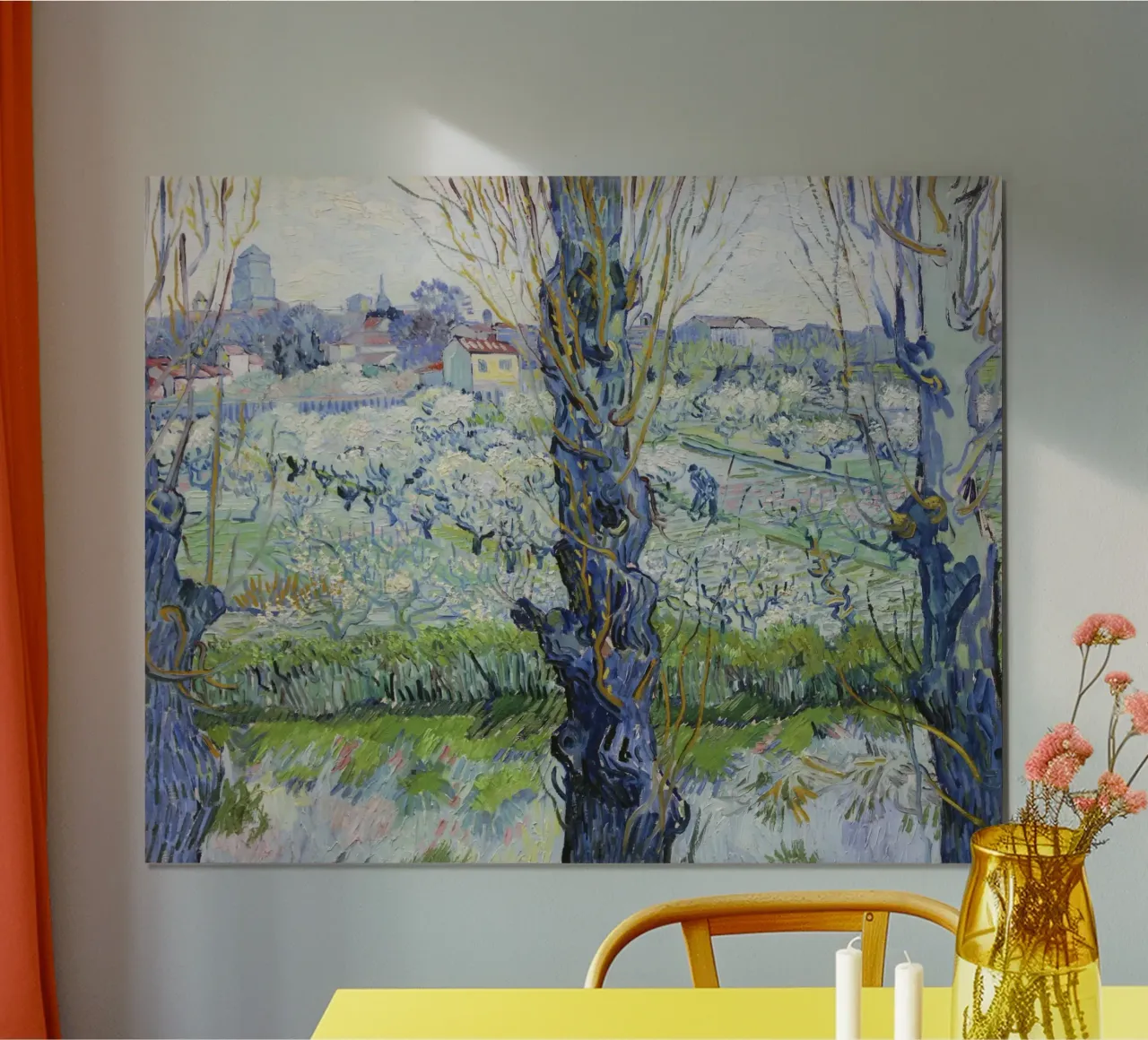 Veduta di Afrles, frutteti in fiore, di Vincent van Gogh (1889) poster con telaio in alluminio da Van Gogh Prints