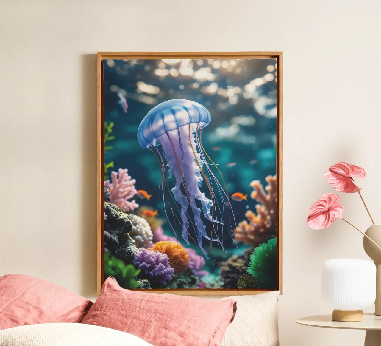 🪸🪼 Kwal Blauw | Zwevende Stilte (1) canvas met Baklijst van Trinkets NL Design Studio