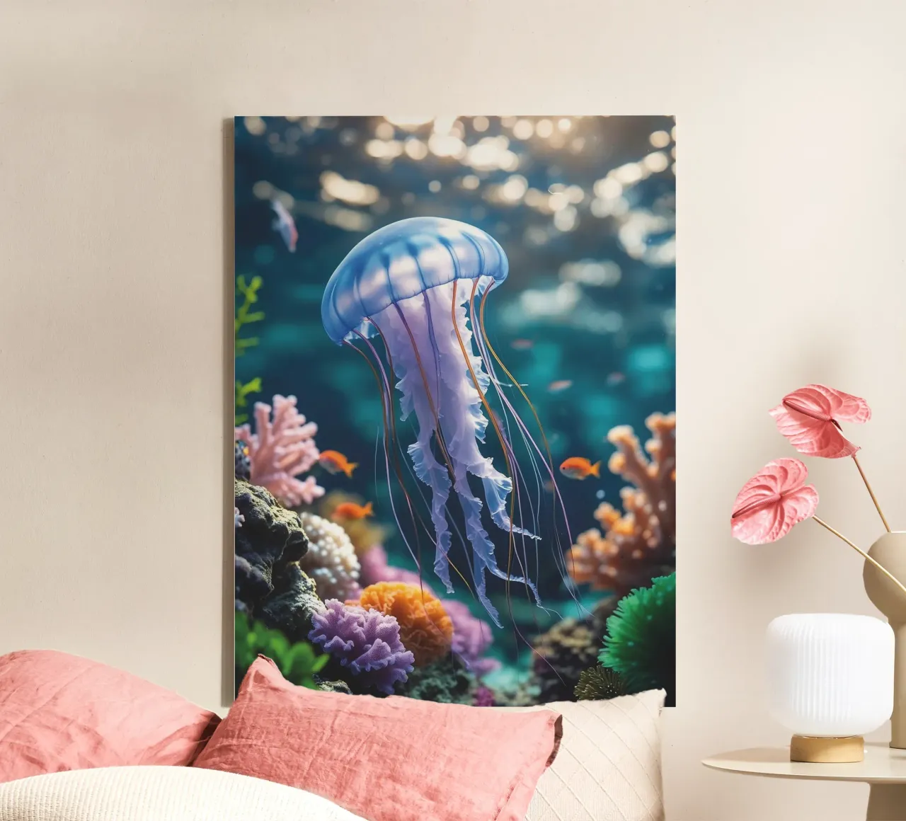 🪸🪼 Kwal Blauw | Zwevende Stilte (1) canvas met Baklijst van Trinkets NL Design Studio