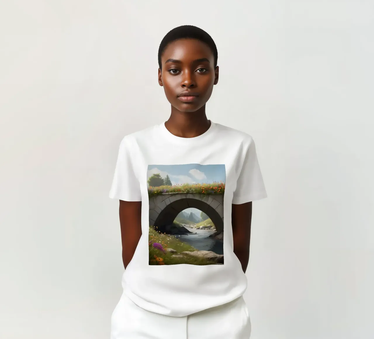 Un ponte tranquillo ornato di fiori selvatici attraversa t-shirt da DesignDoodle