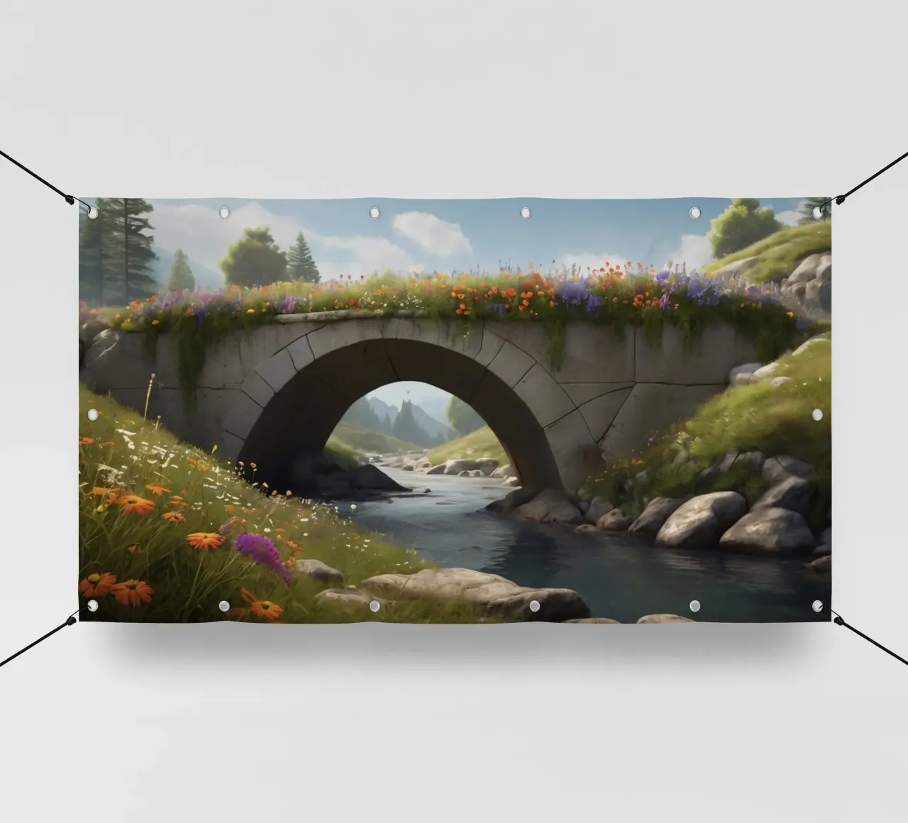 Un ponte tranquillo ornato di fiori selvatici attraversa telo in pvc da DesignDoodle