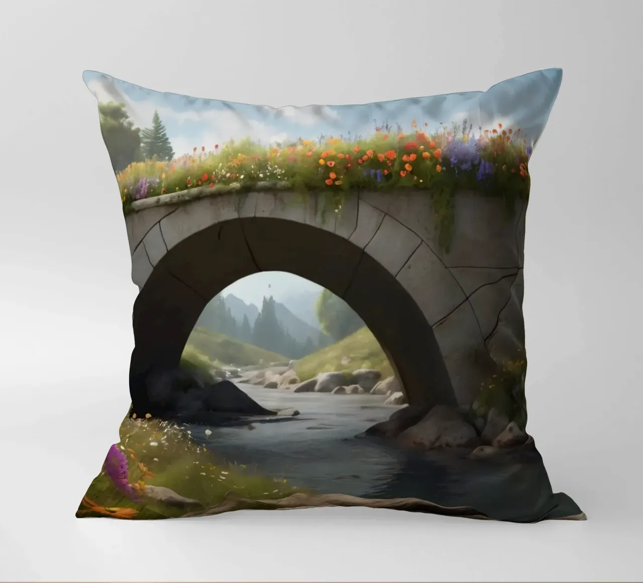 Un ponte tranquillo ornato di fiori selvatici attraversa cuscino da DesignDoodle