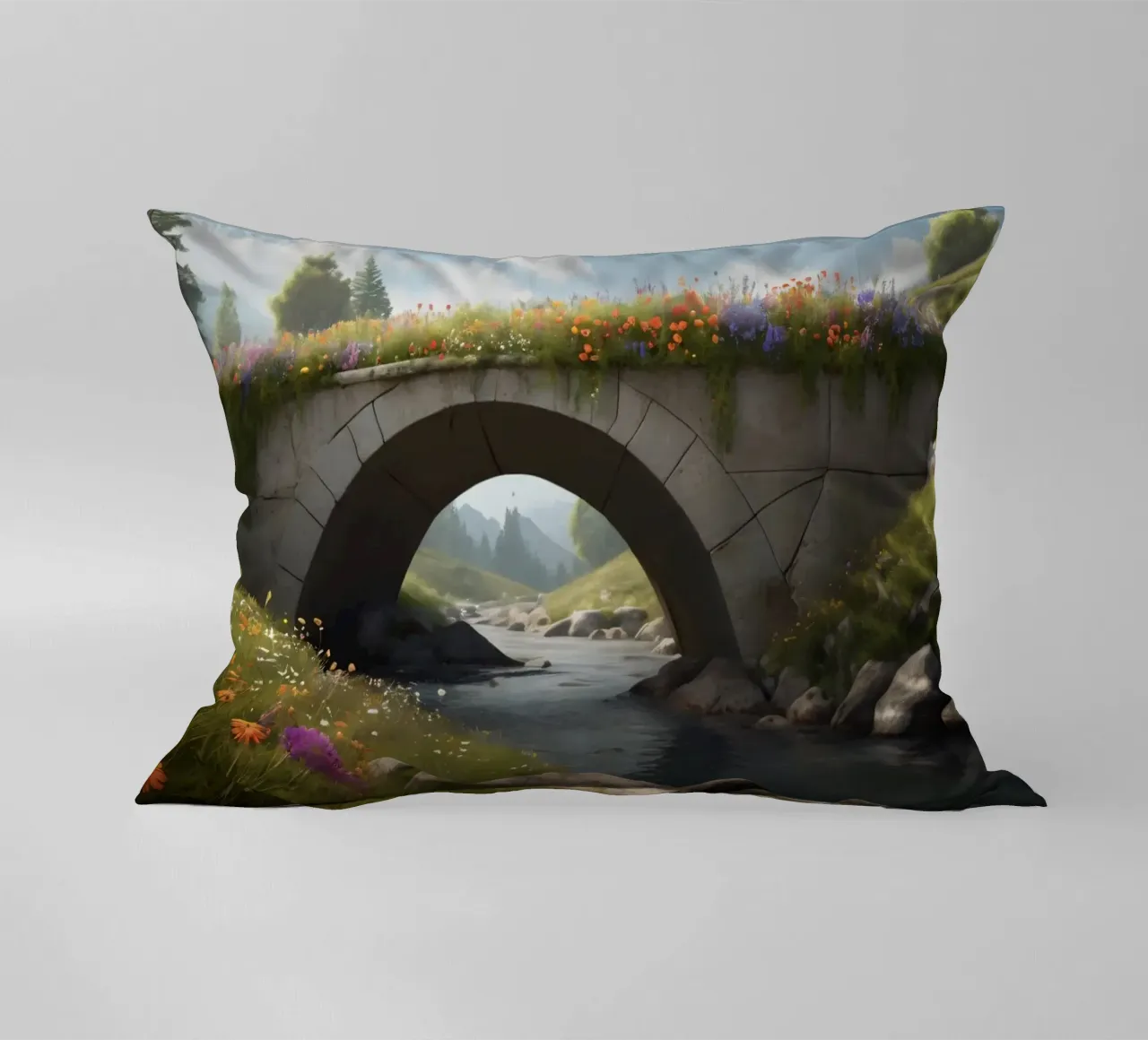 Un ponte tranquillo ornato di fiori selvatici attraversa cuscino da DesignDoodle
