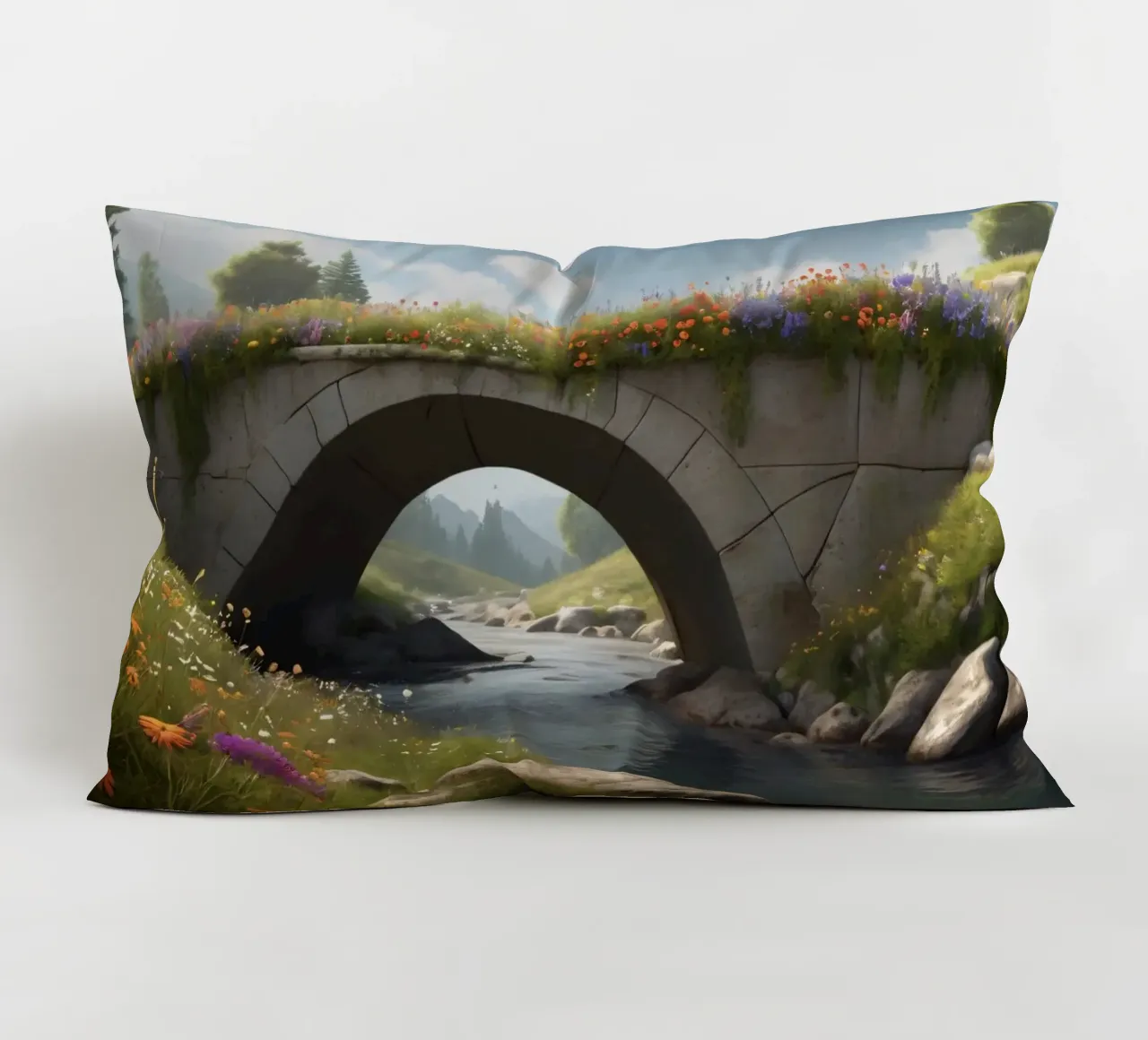 Un ponte tranquillo ornato di fiori selvatici attraversa cuscino da DesignDoodle