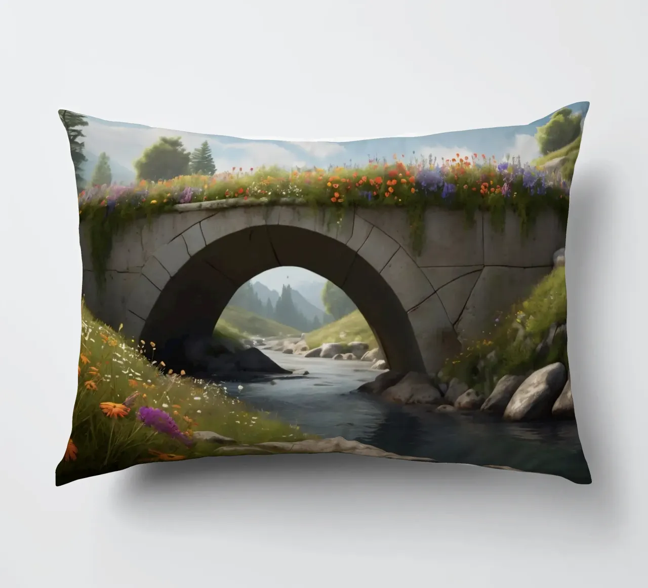 Un ponte tranquillo ornato di fiori selvatici attraversa cuscino da DesignDoodle