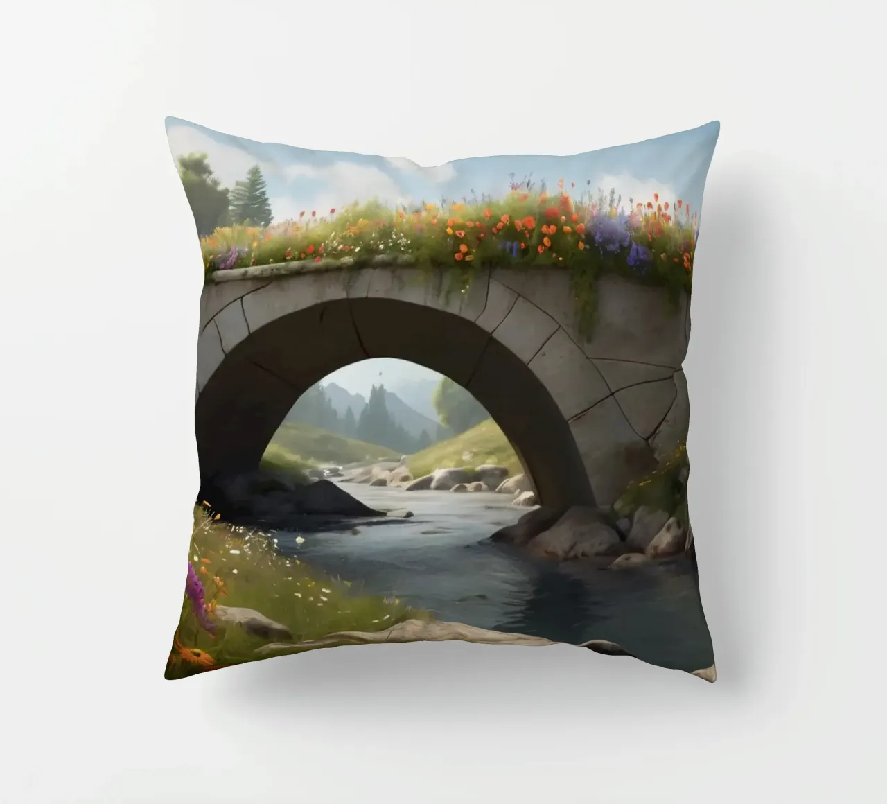 Un ponte tranquillo ornato di fiori selvatici attraversa cuscino da DesignDoodle