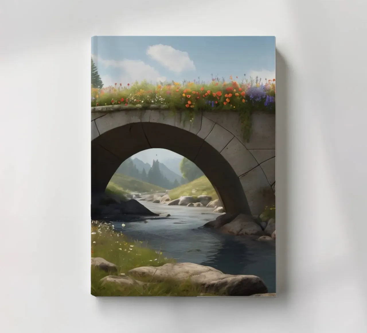 Un pont calme, orné de fleurs sauvages, enjambe carnet de notes de DesignDoodle