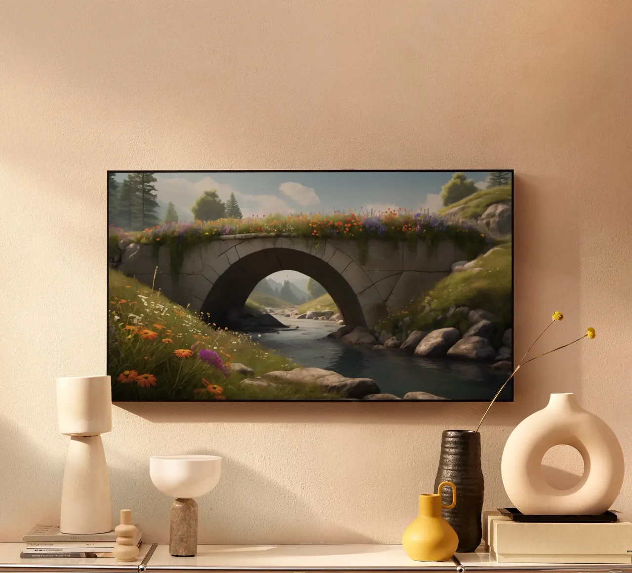 Un ponte tranquillo ornato di fiori selvatici attraversa plexiglass da DesignDoodle