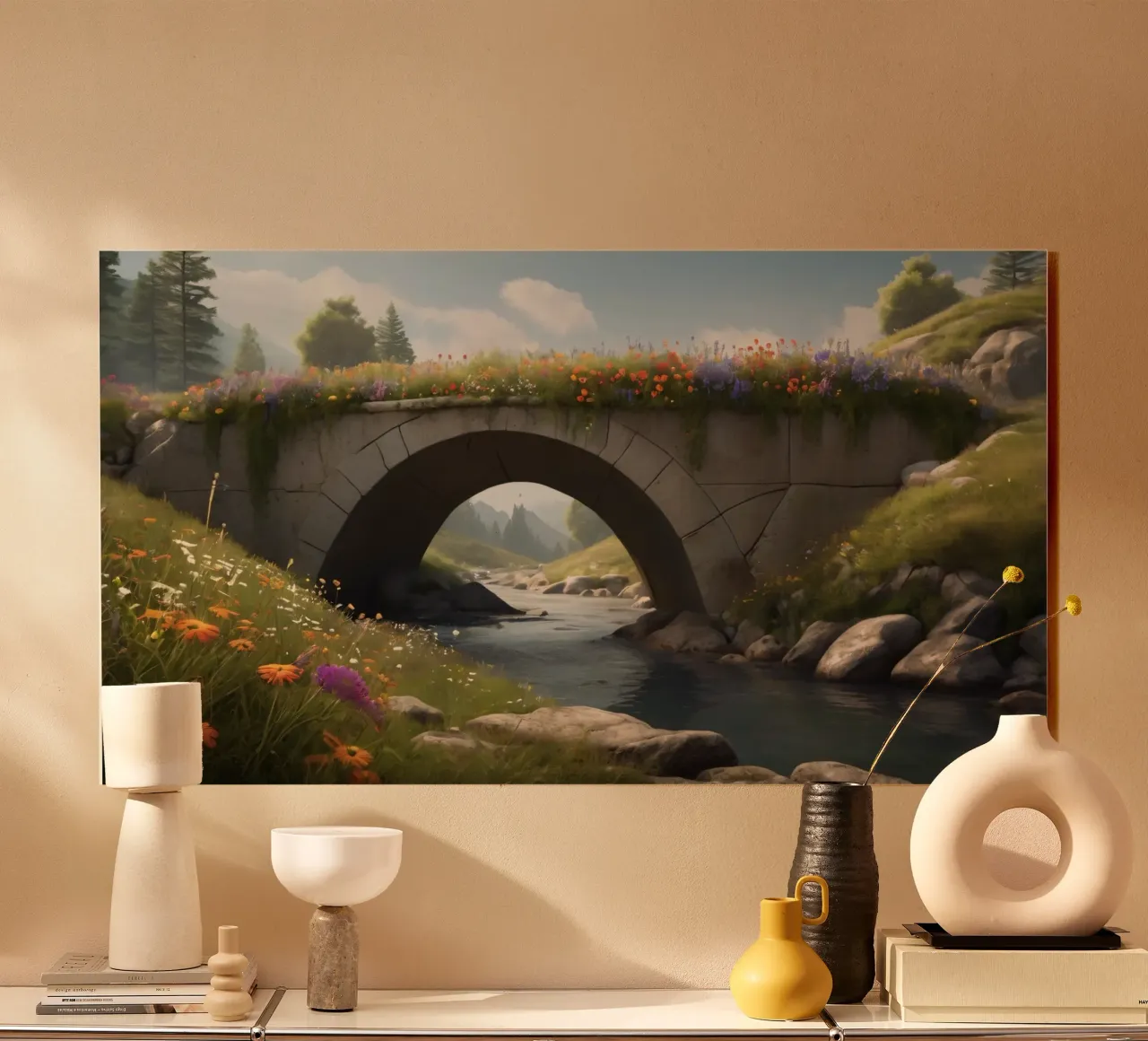 Un ponte tranquillo ornato di fiori selvatici attraversa plexiglass da DesignDoodle