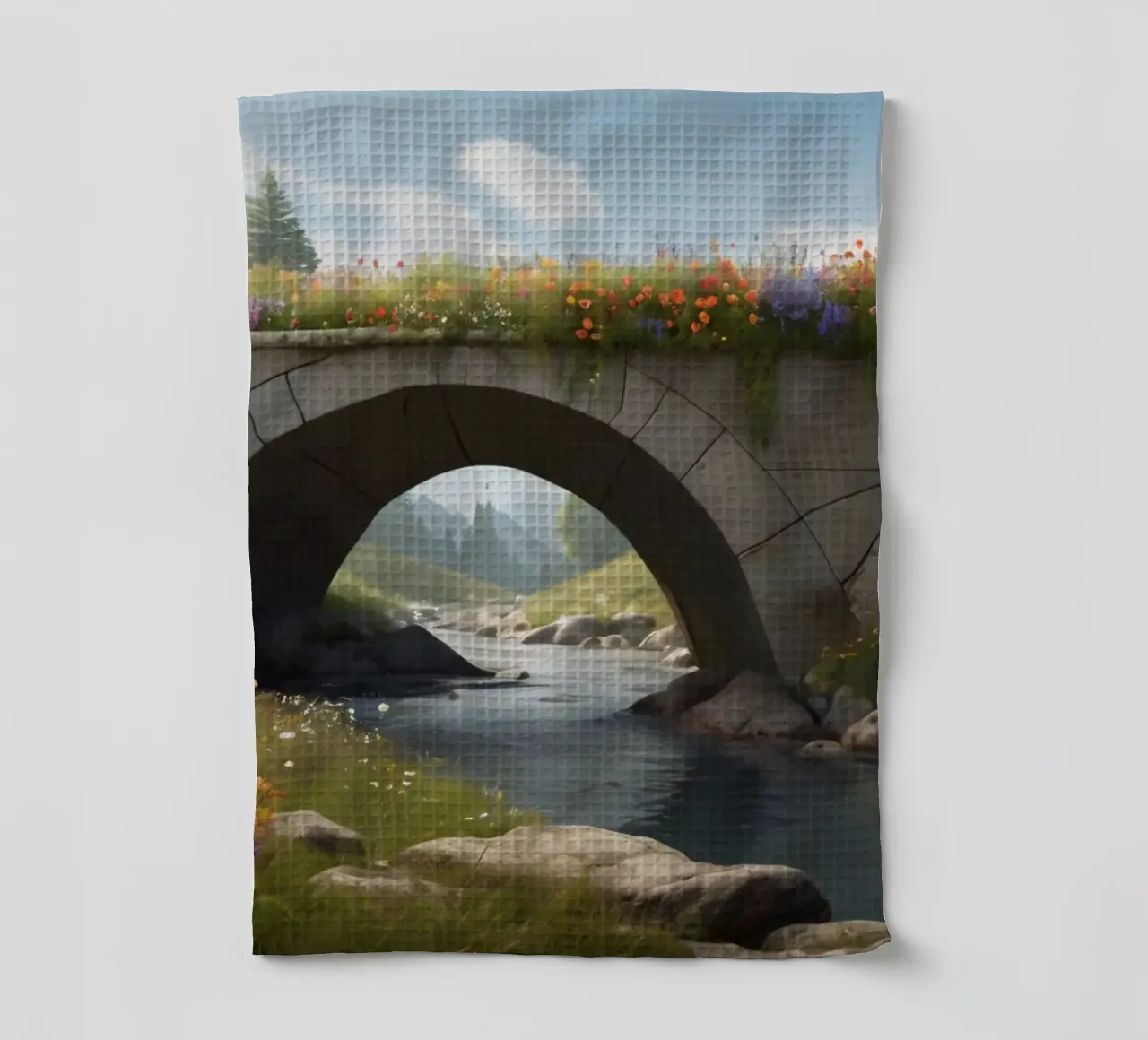 Un ponte tranquillo ornato di fiori selvatici attraversa canovaccio da cucina da DesignDoodle