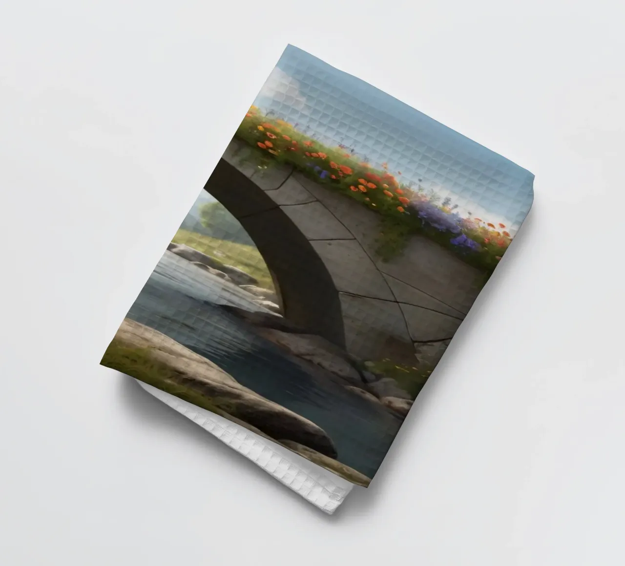 Un ponte tranquillo ornato di fiori selvatici attraversa canovaccio da cucina da DesignDoodle