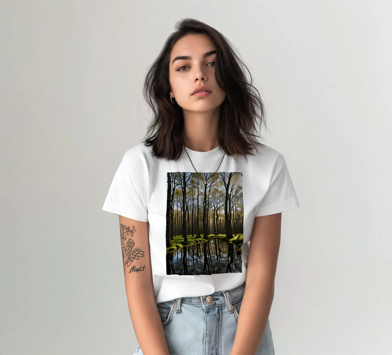 paesaggio forestale tranquillo con laghetto riflettente t-shirt da DesignDoodle