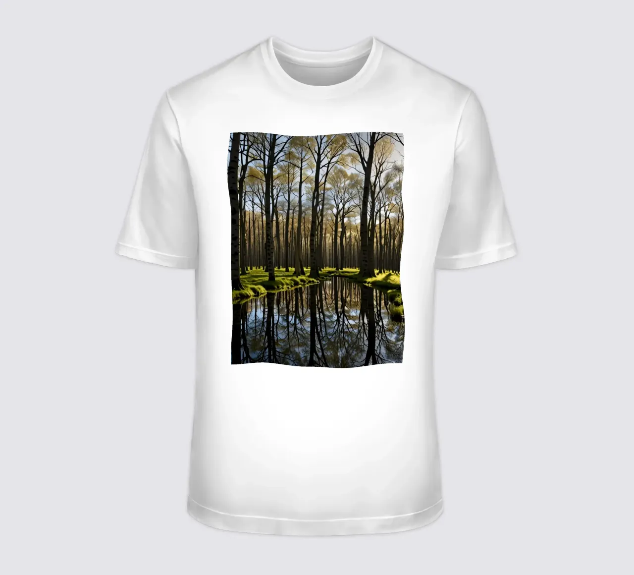 paesaggio forestale tranquillo con laghetto riflettente t-shirt da DesignDoodle