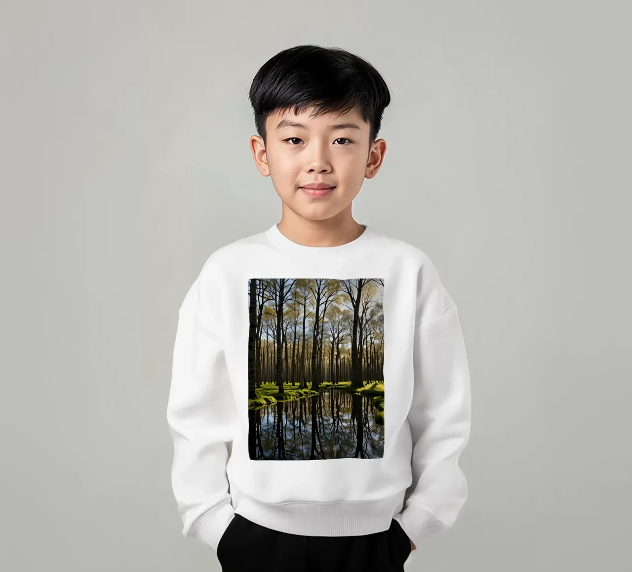 paesaggio forestale tranquillo con laghetto riflettente felpa bambino da DesignDoodle